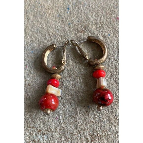 Vintage Earrings Hoop Faux Stone Red Silver Tone Pierced - Picture 1 of 7